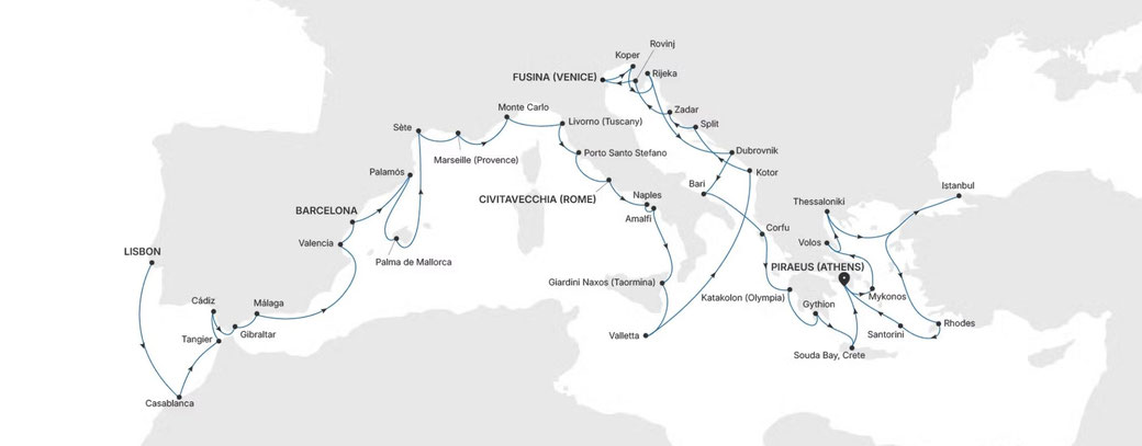 Grand Mediterrenean 2026 Routenkarte von Lissabon nach Piräus (Athen) mit Silver Spirit