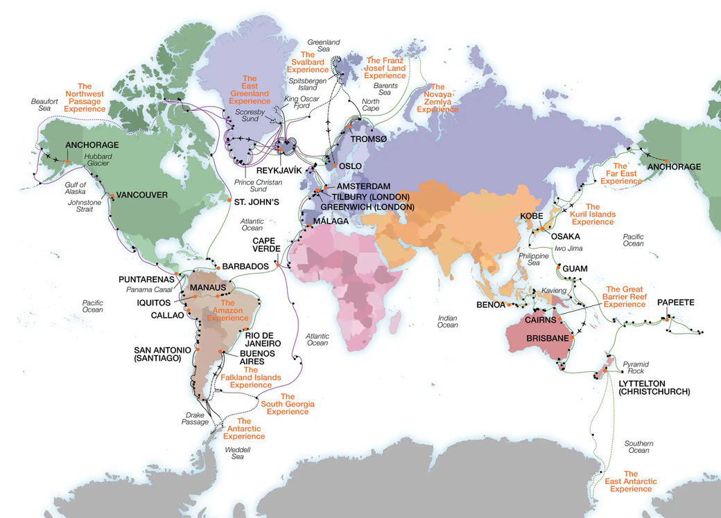 Weltkarte mit Markierungen für die 160 Expeditions-Destinationen von Seabourn