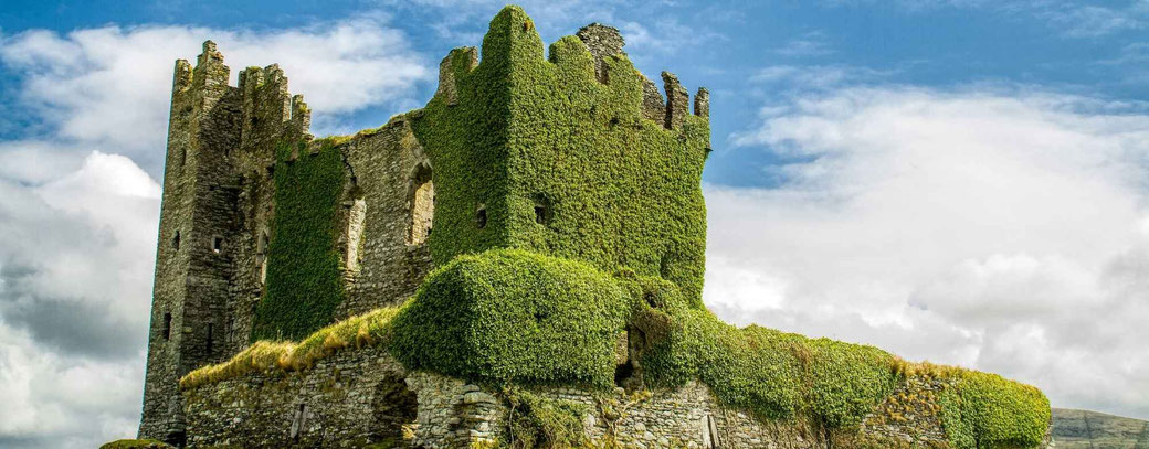 Mit Gras bewucherte Burgruine  Ballycarbery in Irland