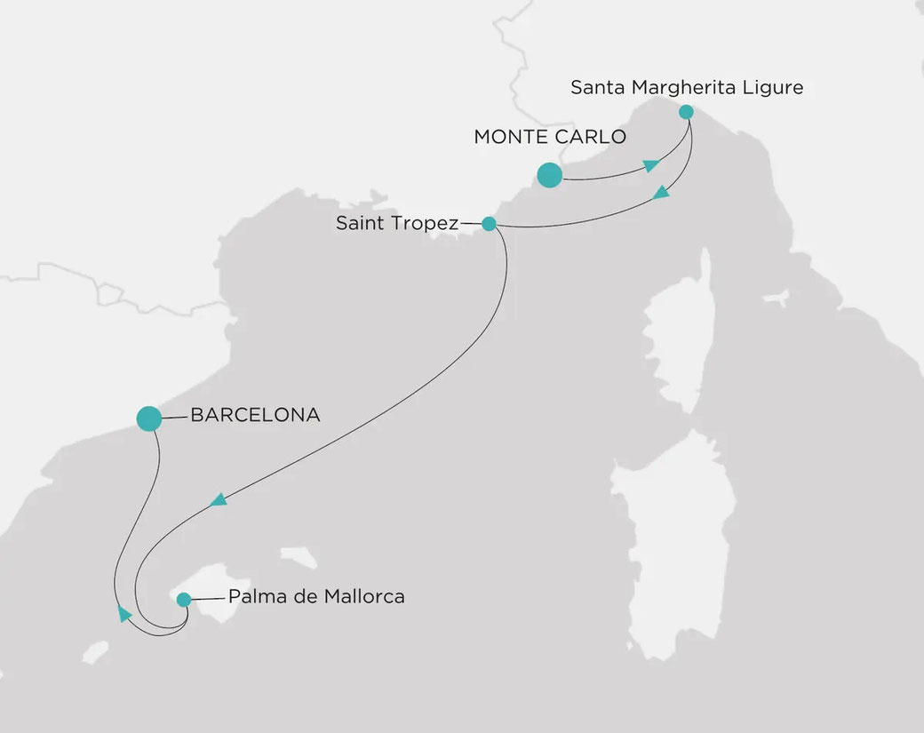 Reiseroute Crystal Symphony Juli 2024 von Monte Carlo nach Barcelona