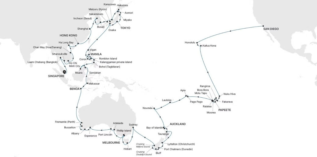 Reiseroute mit Silver Whisper von San Diego nach Singapur
