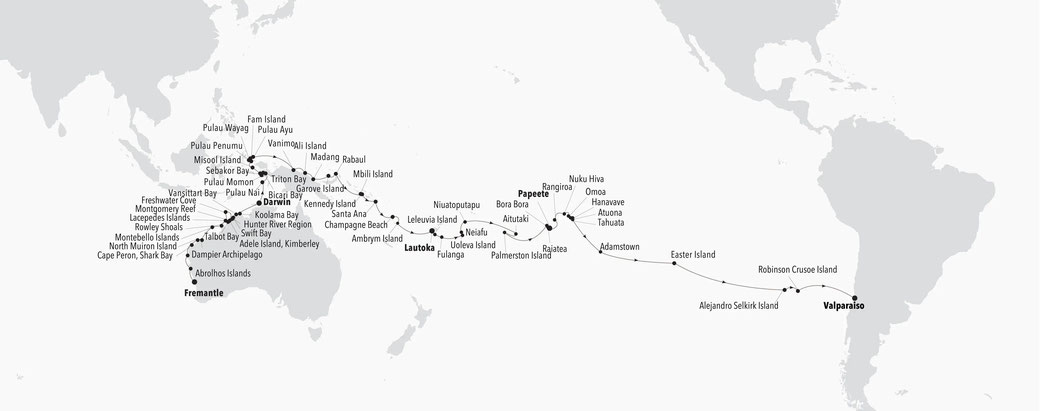 Routenplan der Grand South Silversea Pacific Expedition 2025