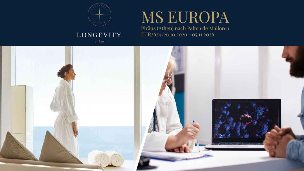 2 junge Frauen machen Yoga an Deck eines Kreuzfahrtschiffs, mit dem Meer im Hintergrund. Darüber ein Banner mit der Aufschrift "Longevity at Sea - MS EUROPA, Piräus nach Palma de Mallorca, EUR2624, 26.20. bis 5.1..2026