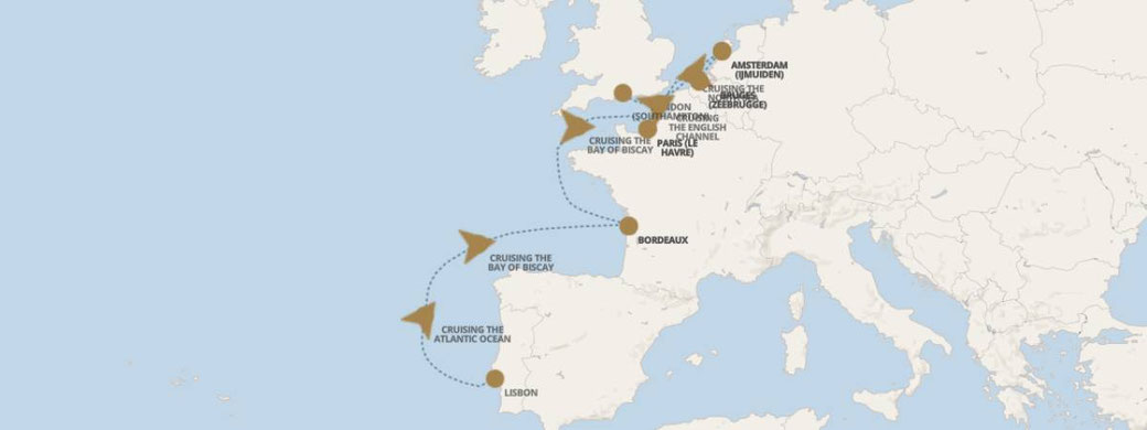 Routenkarte Seven Seas Voyager von Lissabon nach London