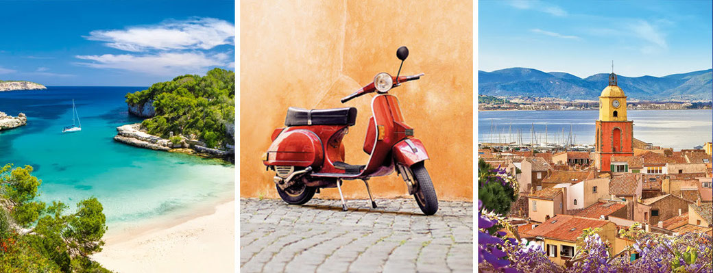 Bildercollage: Türkisblauer Mittelmeerstrand, rote Vespa vor orangefarbener Wand, Vogelperspektive auf eine Altstadt mit Meer im Hintergrund