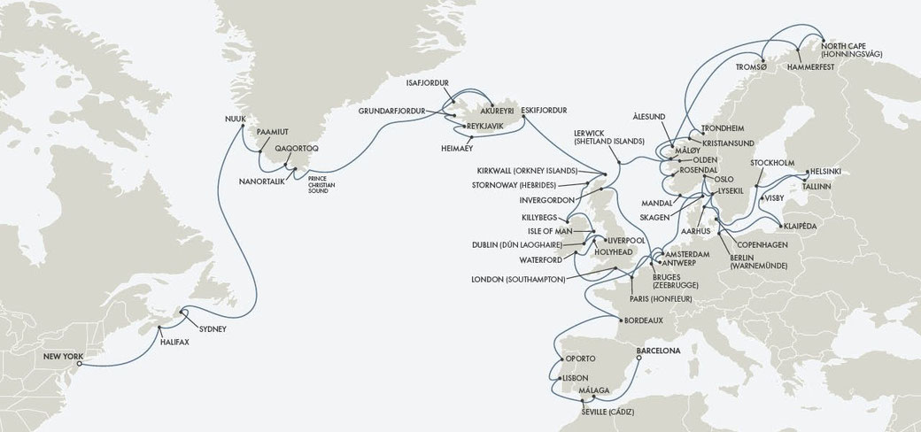 Routenkarte Regent Grand Voyage von New York bis Barcelona mit der Seven Seas Mariner