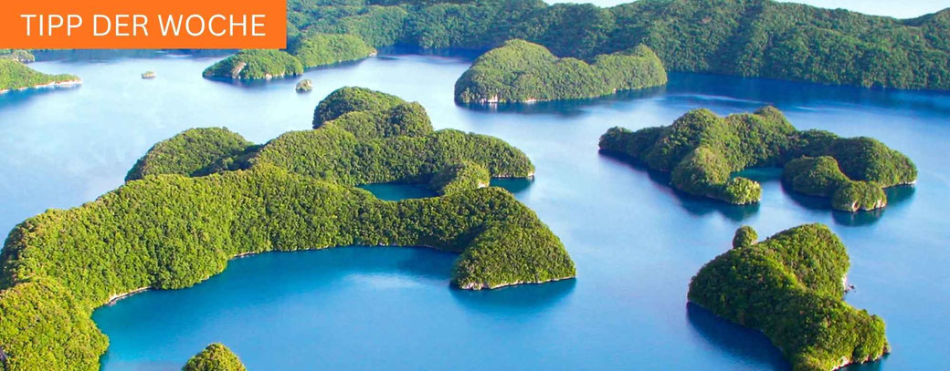 Luftaufnahme der Palau-Inselwelt mit üppig bewachsenen Kalksteininseln und türkisblauen Lagunen im westlichen Pazifik.