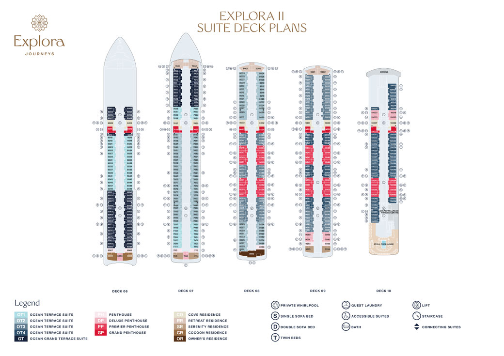 Deckplan der Explora II - Suiten auf den Decks 6 bis 10