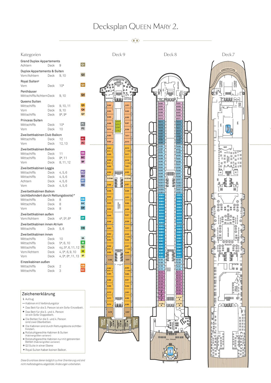 Deckplan Queen Mary 2 -Deck 7 bis Deck 9