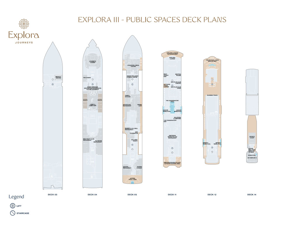 Deckplan der EXPLORA III: Decks mit öffentlichen Bereichen