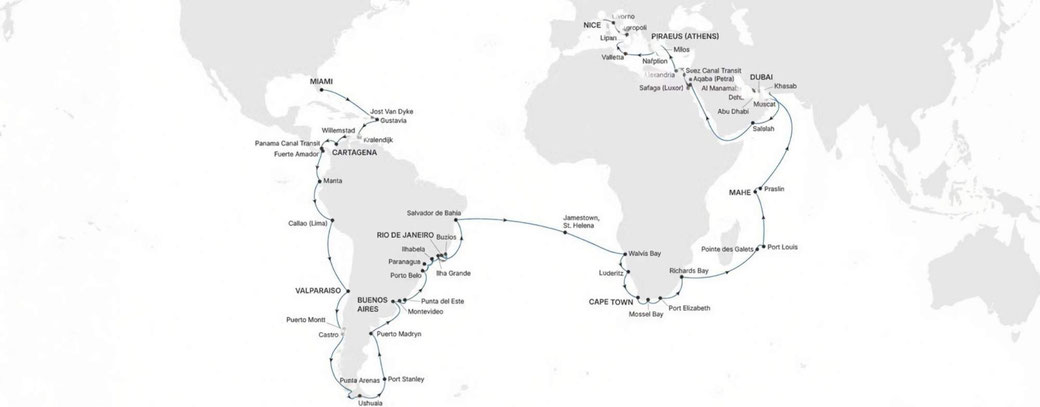 Eine Ode an den Moment Weltreise Miami nach Nizza Routenkarte mit Silver Shadow