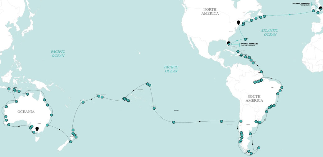 Reiseroute Crystal Symphony Weltreise 2029 von Melbourne nach New York