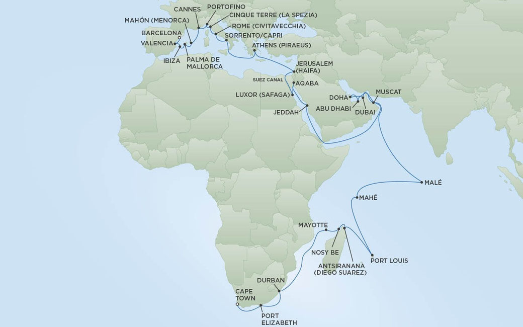 Routenkarte von Kapstadt nach Barcelona mit Seven Seas Voyager