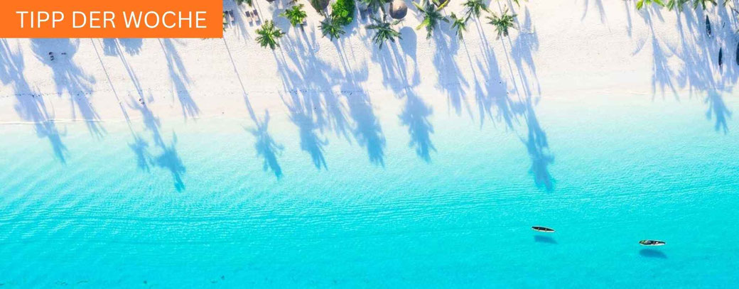Luftaufnahme eines tropischen Sandstrands mit Palmen und türkisblauem Wasser im Indischen Ozean