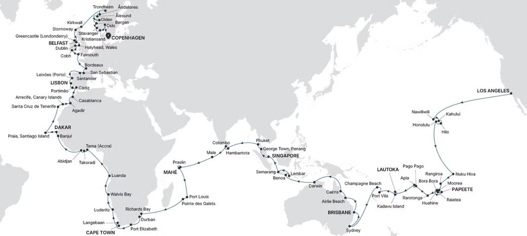 Silversea Weltreise 2027 The Three Oceans Routenkarte von Los Angeles nach Kopenhagen mit Silver Dawn