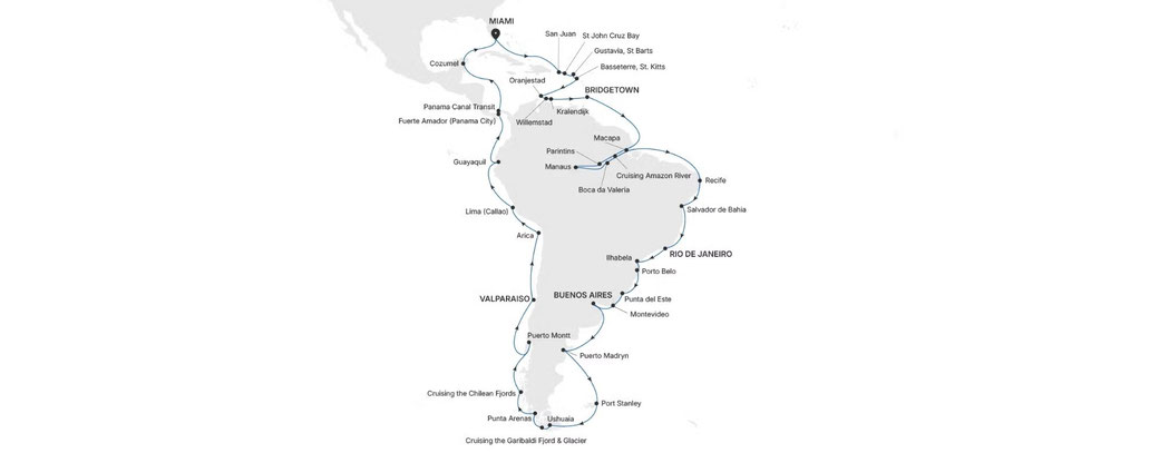 Routenkarte Grand South America 2027 von Miami nach Miami mit Silver Nova
