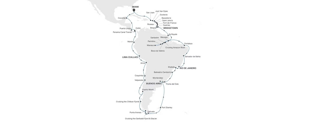 Grand South America 2028 Routenkarte von Lissabon nach Lissabon mit Silver Ray