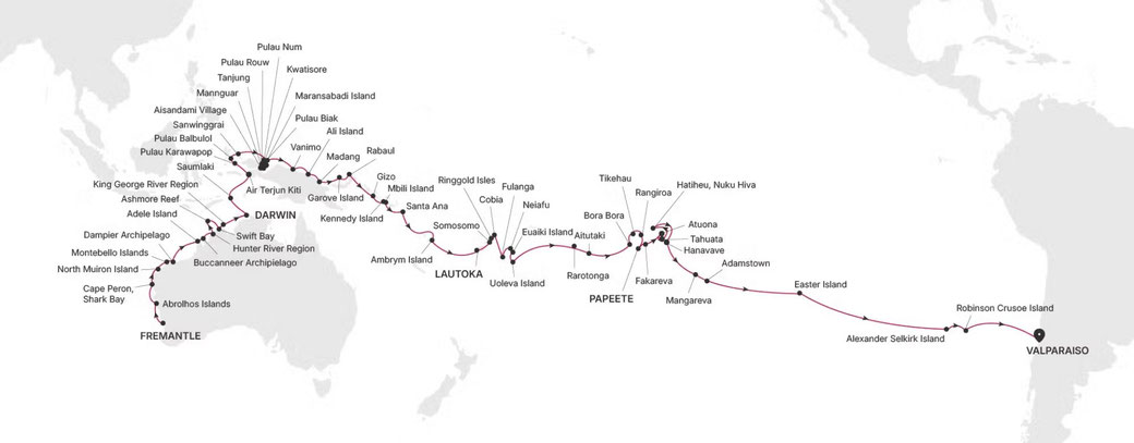Grand Journey Expedition South Pacific 2026 Routenkarte von Fremantle nach Valparaiso mit Silver Cloud