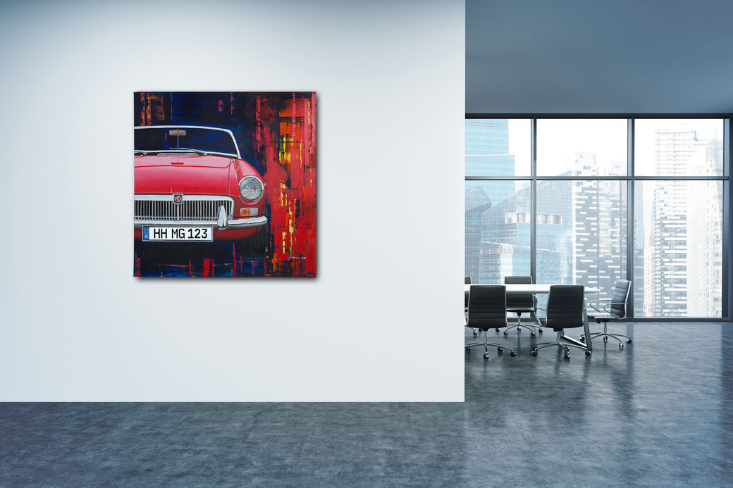 The MG picture in the office ambience. The large-format canvas print of the MGB in 9 striking vehicle colours - individually with the licence plate of your choice. This makes every MG print unique. 