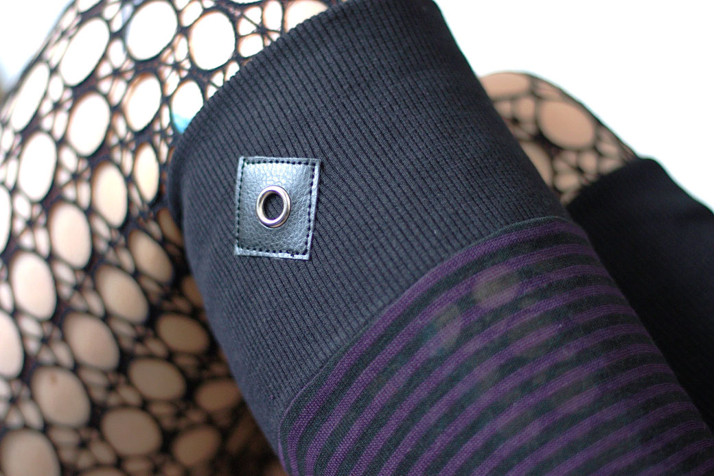 New leg warmers and a belt bag - purple and black stripes and grommet on faux leather - Zebraspider Eco Anti-Fashion