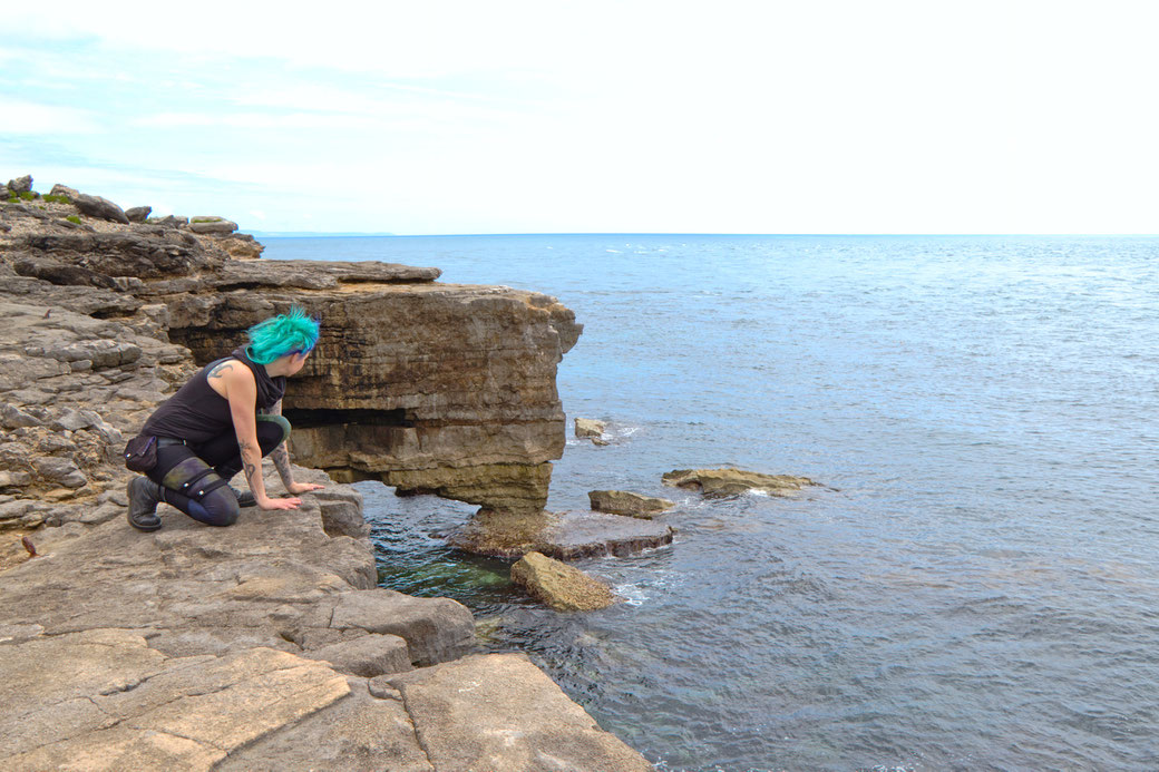 Seafront Quarry Outfit with Spirit of lunar and Crisiswear - looking at scoured cliff - Zebraspider Eco Anti-Fashion