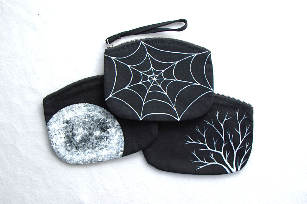 New bags - duffle handbags and zipper pouches - spiderweb, full moon and winter tree - Zebraspider Eco Anti-Fashion