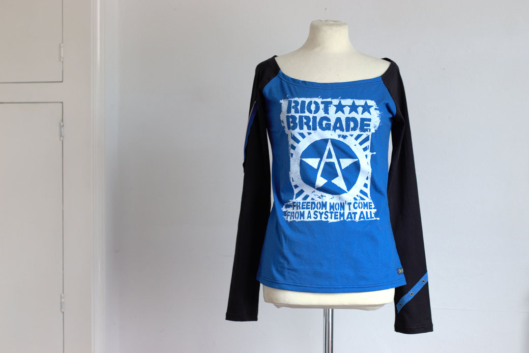 Punk as Fuck Recharged Mini Collection - Riot Brigade blue/black raglan long sleeve shirt - Zebraspider Eco Anti-Fashion