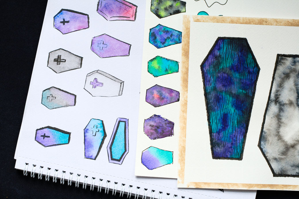 My 100-day project: Designing fabric patterns - ink and watercolour studies of coffins in purple and teal - Zebraspider Eco Anti-Fashion Blog
