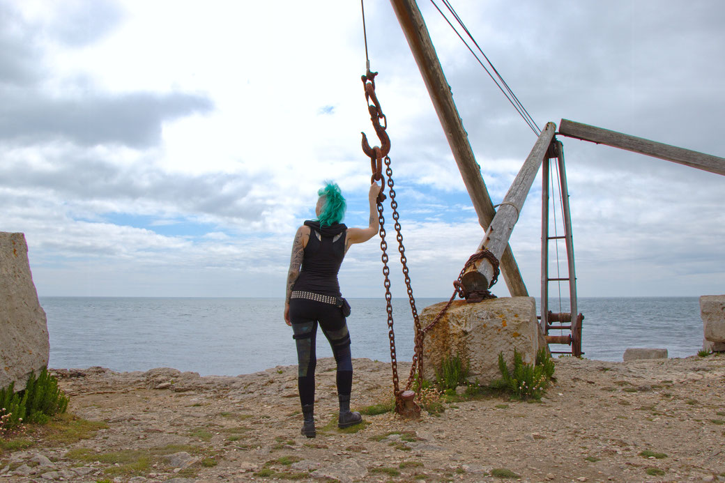 Seafront Quarry Outfit with Spirit of lunar and Crisiswear - with an old crane - Zebraspider Eco Anti-Fashion