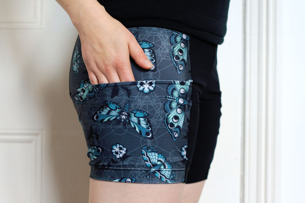 Pocket Shorts for Roller Derby - moth, moon and skull fabric - Zebraspider DIY Anti-Fashion Blog