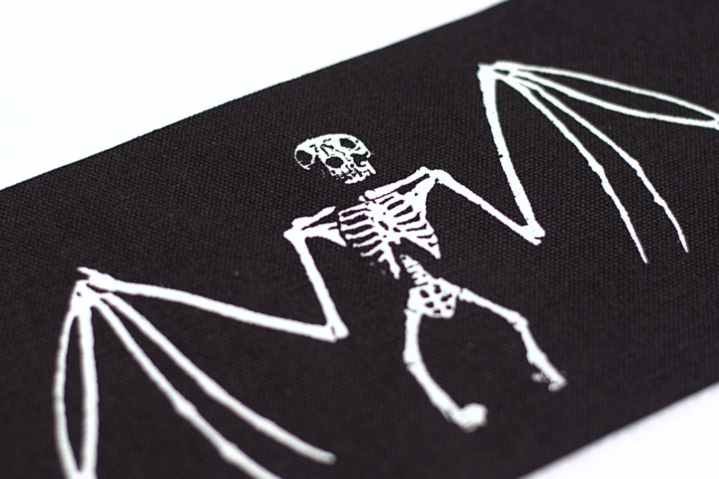 Bat skeleton patch, white ink screen-printed on black organic canvas by Zebraspider Eco Anti-Fashion