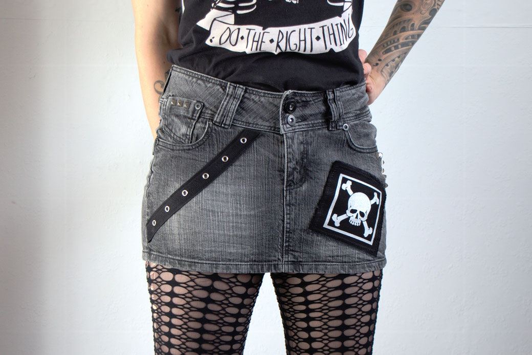 The Black Denim Collection - Eyelets & Studs punk mini skirt front - Zebraspider Eco Anti-Fashion