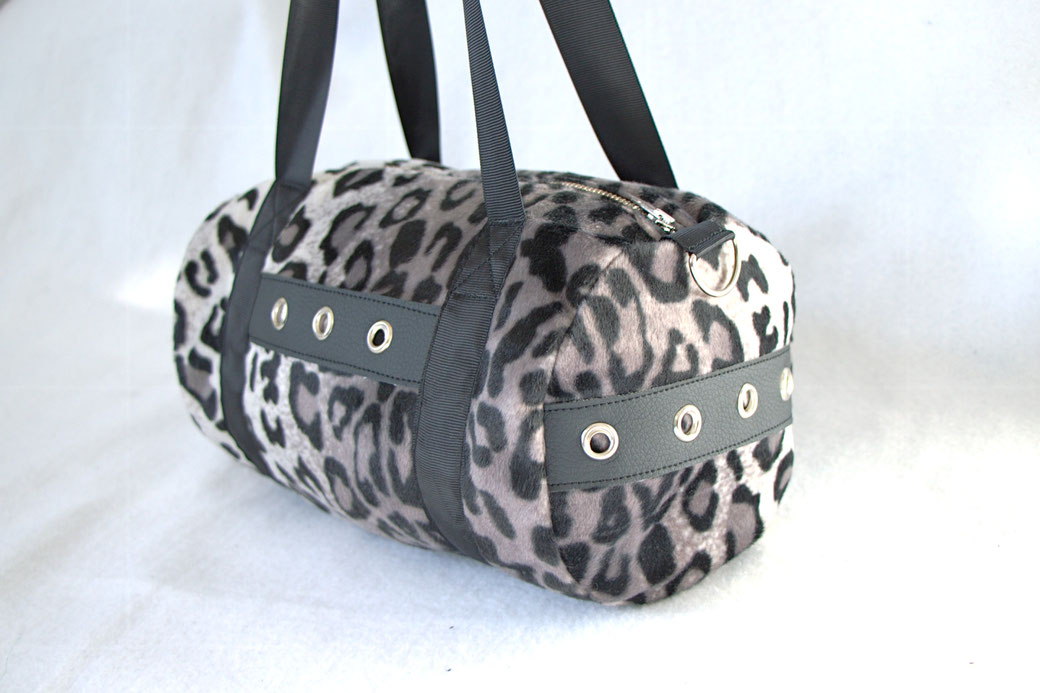 New bags - duffle handbags and zipper pouches - grey leopard faux fur - Zebraspider Eco Anti-Fashion