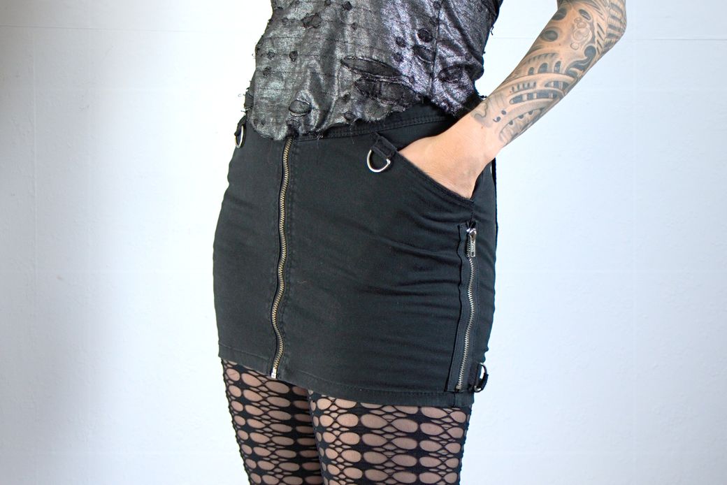 The Black Denim Collection - Zips & Bondage goth mini skirt front pockets - Zebraspider Eco Anti-Fashion