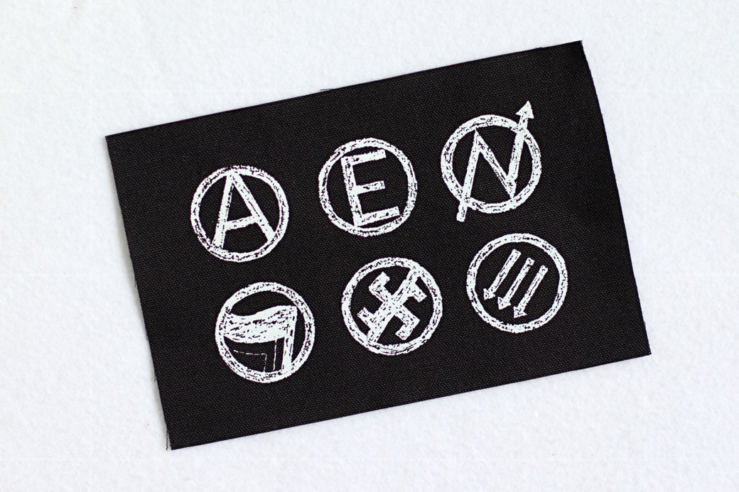 Anarchy and Antifa symbols, 6 mini patches, white ink screen-printed on black organic canvas by Zebraspider Eco Anti-Fashion