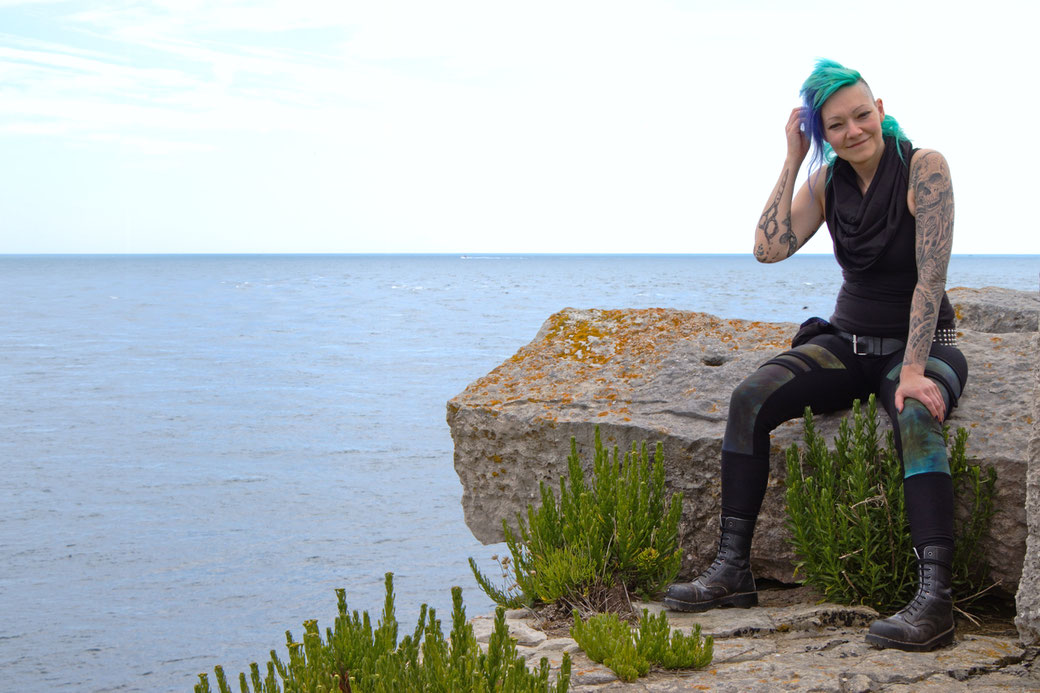 Seafront Quarry Outfit with Spirit of lunar and Crisiswear - sitting on portland stone blocks - Zebraspider Eco Anti-Fashion