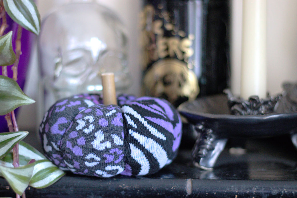 Sock Pumpkins in a different way - purple leopard and zebra on the shelve - Zebraspider Eco Anti-Fashion