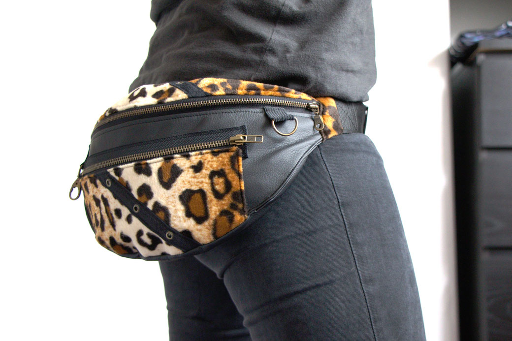 Custom belt bags and summer tops - leopard fur + faux leather fanny pack with brass details - Zebraspider Eco Anti-Fashion