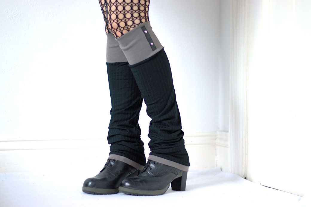 New leg warmers and a belt bag - grey and black ribbed knit and studs - Zebraspider Eco Anti-Fashion