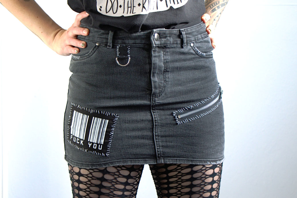 The Black Denim Collection - Handstitched crust punk skirt - Zebraspider Eco Anti-Fashion