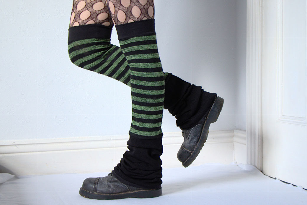 Keep your arms and legs warm this winter! - green stripes flared legwarmers - Zebraspider Eco Anti-Fashion