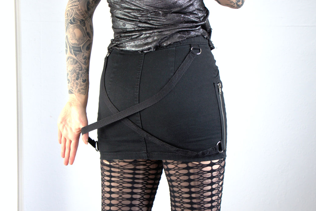 The Black Denim Collection - Zips & Bondage goth mini skirt back - Zebraspider Eco Anti-Fashion