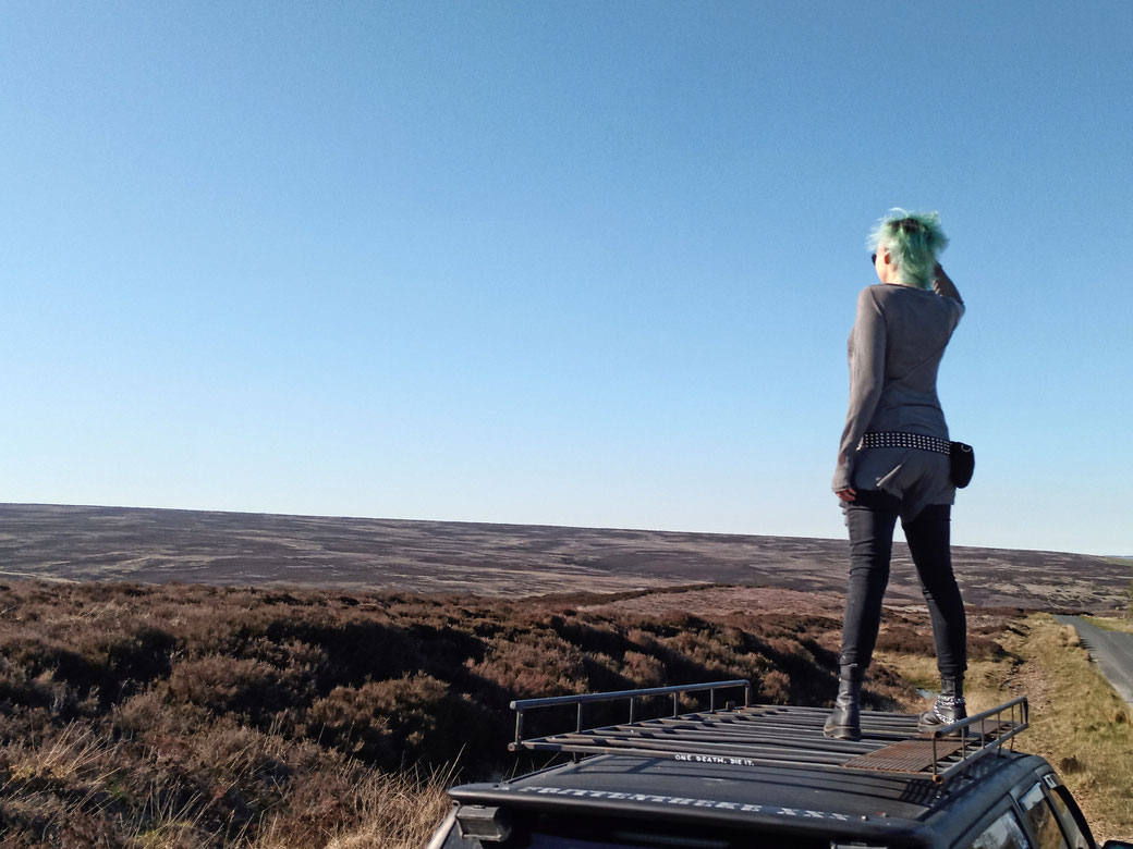 Everyday post-apocalyptic outfits with Ynhoia and Dorawyn - looking over Yorkshire Moors - Zebraspider Eco Anti-Fashion