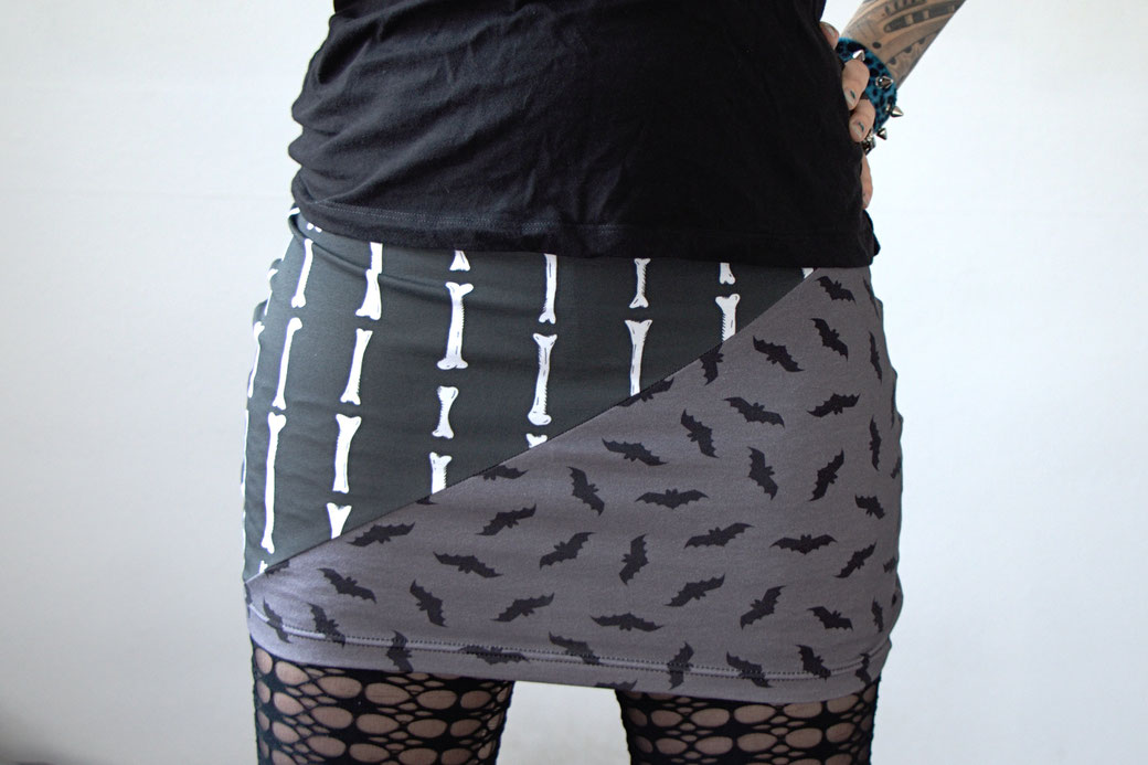 Bats, Bones and Coffins in the shop! - grey bat and bone stripes print mini skirt - Zebraspider Eco Anti-Fashion