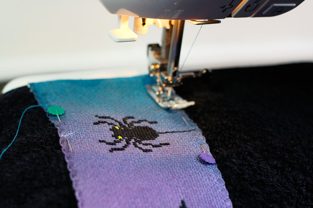 Halloween DIYs Part 2 - Sewing spooky Cross-stitch ribbon on Towel - Zebraspider Eco Anti-Fashion