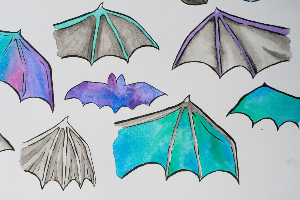 My 100-day project: Designing fabric patterns - batwing watercolour and ink studies - Zebraspider Eco Anti-Fashion Blog