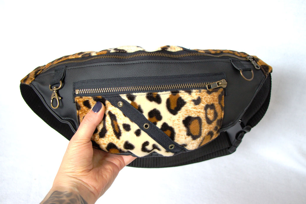 Custom belt bags and summer tops - large leopard + faux leather fanny pack - Zebraspider Eco Anti-Fashion