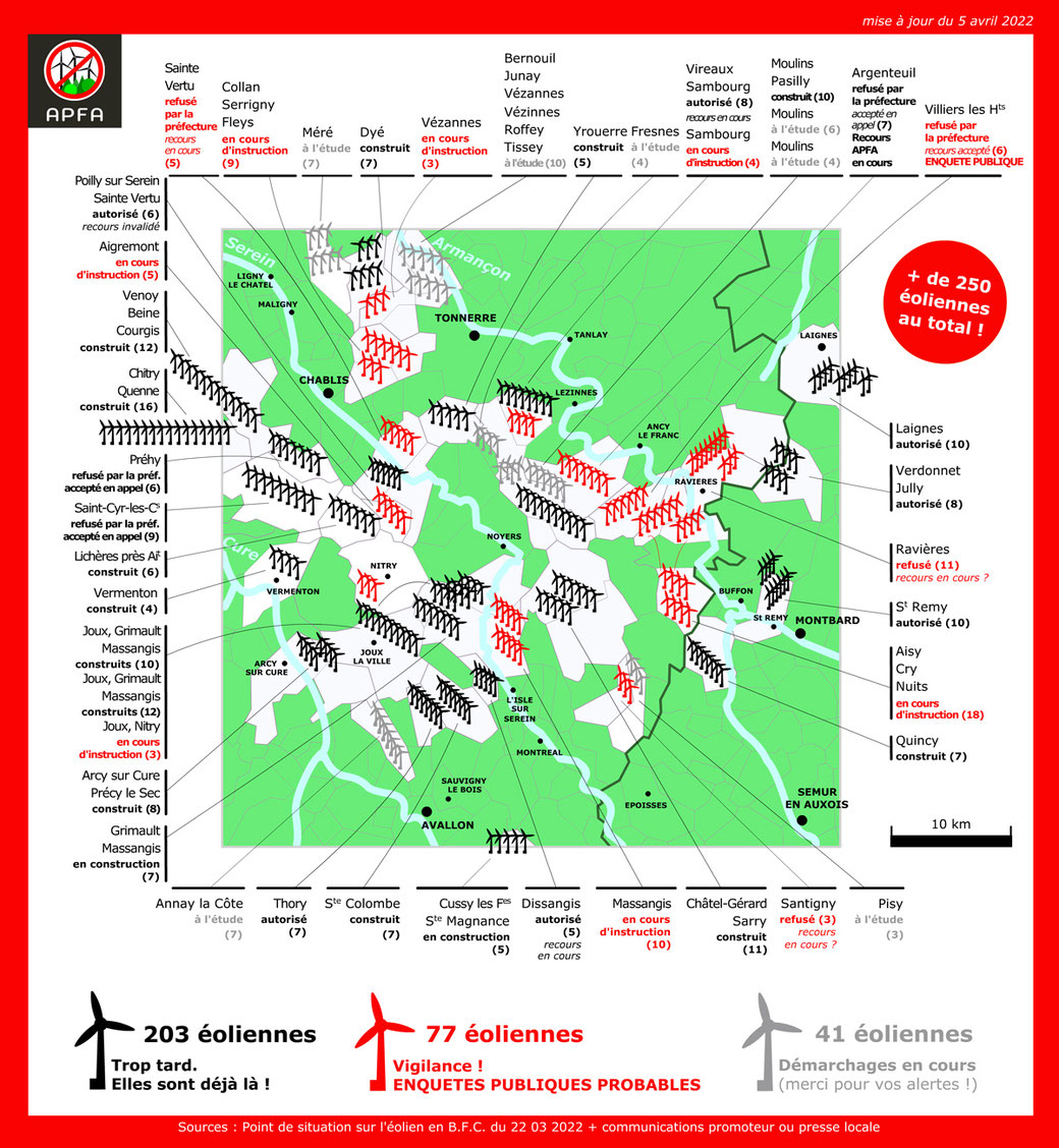 Carte des implantations d'éoliennes dans le sud de l'Yonne