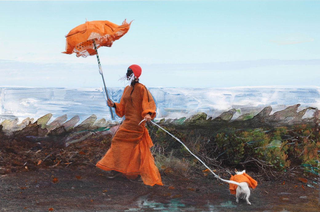 Cornelia Schleime, 'Die Dame mit Hündchen', 2019. Fotografieselbstinszenierung, übermalt, auf Aludibond. 90,0 x 135,0 cm. (C) & Courtesy: Cornelia Schleime und Galerie Michael Schultz, Berlin.