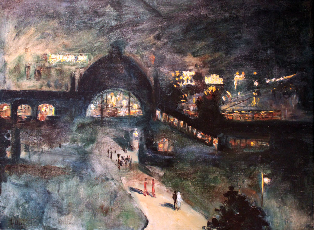 Lesser Ury, ‚Bahnhof Nollendorfplatz bei Nacht anagoria‘, 1925, Märkisches Museum Berlin. Als gemeinfrei gekennzeichnet, Details auf Wikimedia Commons.